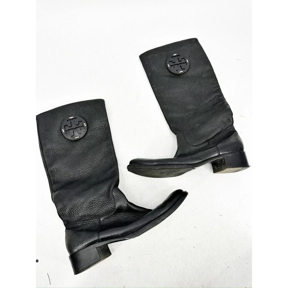 Tory Burch Keaton Black Pebbled Leather‎ Riding Boots Women Size 9.5M EXCELLENT